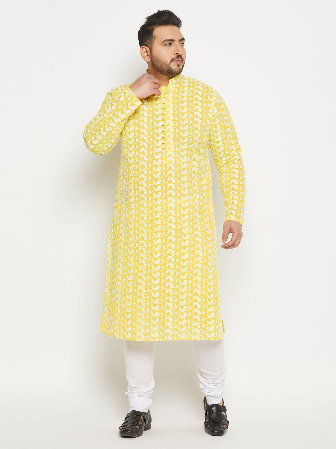 vastramay mens plus size mustard chikankari embroidered kurta and white pyjama set