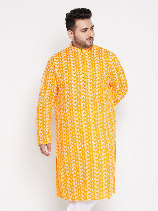 Vastramay mens plus size orange chikankari embroidered kurta