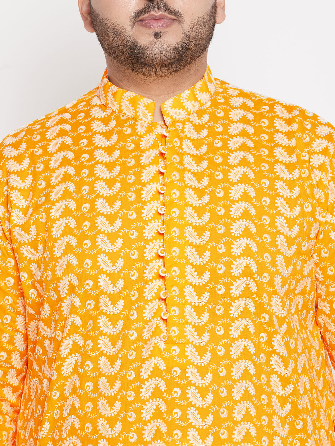 Vastramay mens plus size orange chikankari embroidered kurta