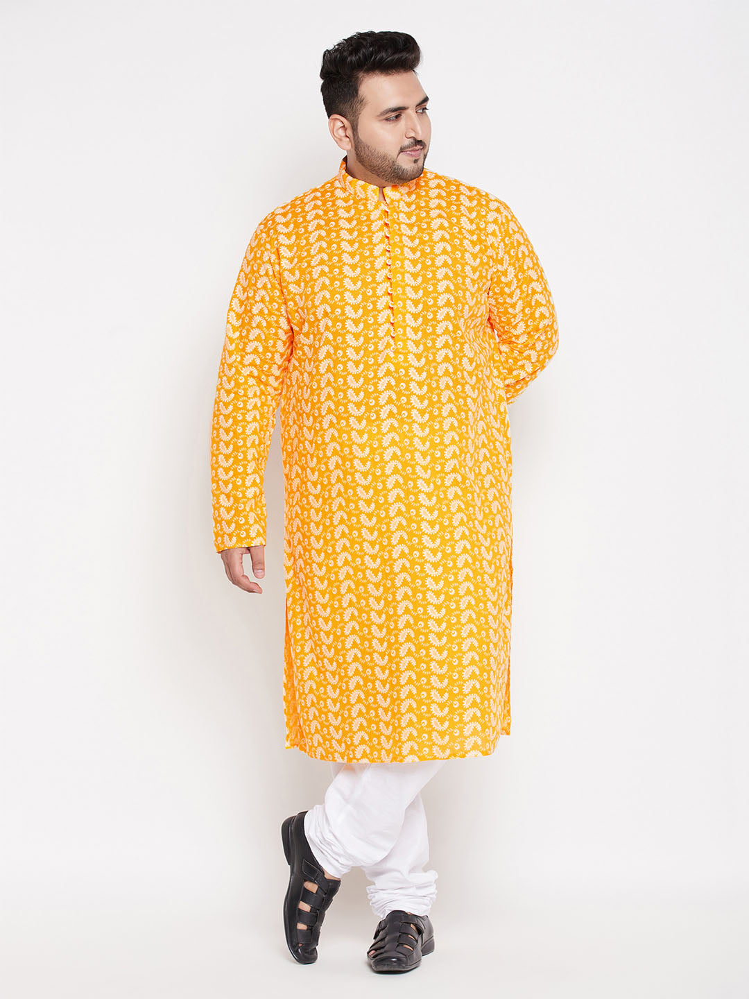 Vastramay mens plus size orange chikankari embroidered kurta