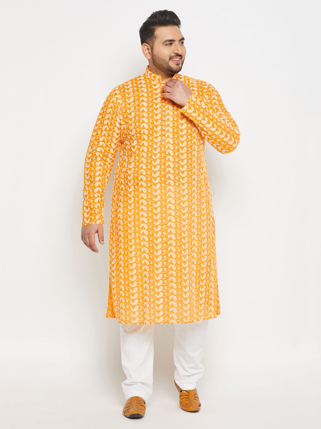 vastramay mens plus size orange chikankari embroidered kurta and white cotton pant style pyjama set