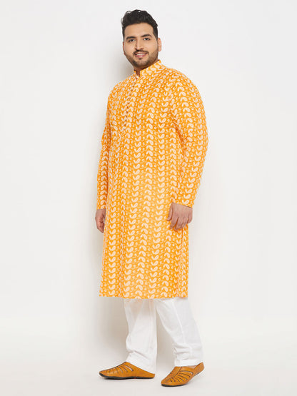 vastramay mens plus size orange chikankari embroidered kurta and white cotton pant style pyjama set