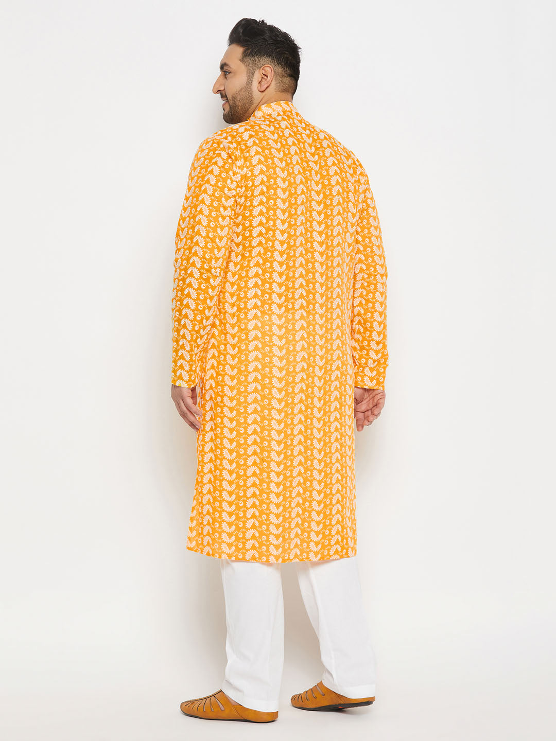 vastramay mens plus size orange chikankari embroidered kurta and white cotton pant style pyjama set