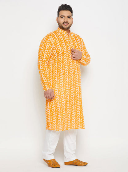 vastramay mens plus size orange chikankari embroidered kurta and white cotton pant style pyjama set