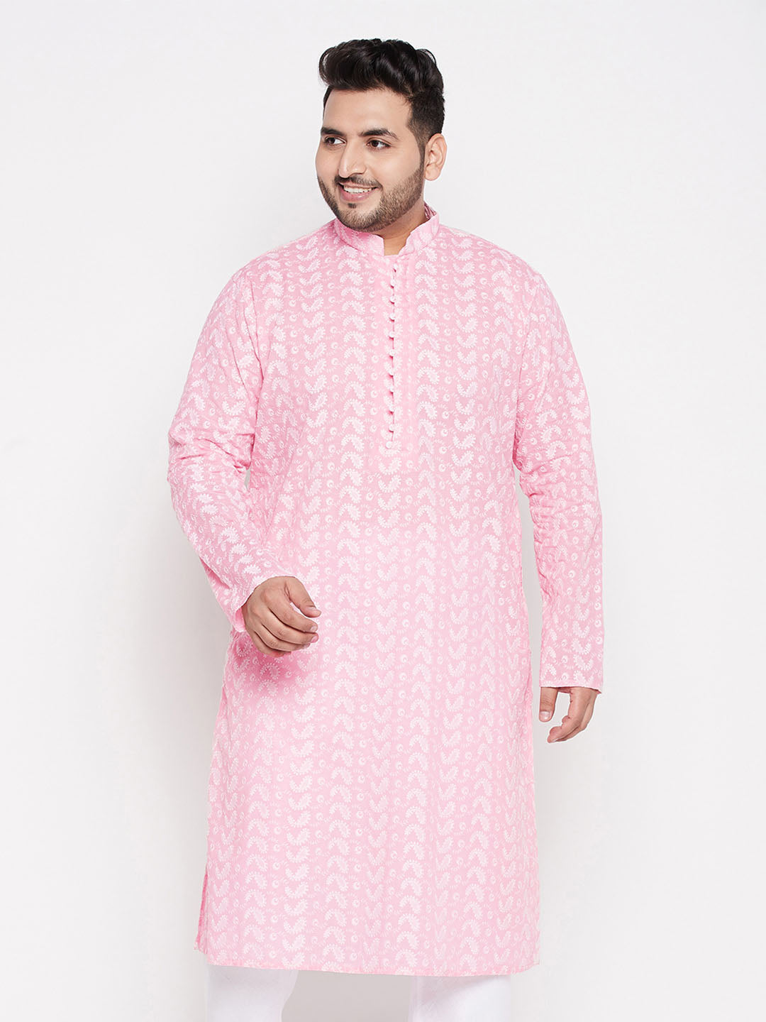 Vastramay mens plus size pink chikankari embroidered kurta