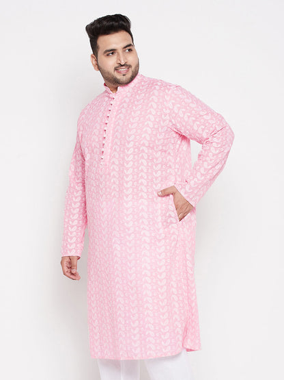 Vastramay mens plus size pink chikankari embroidered kurta