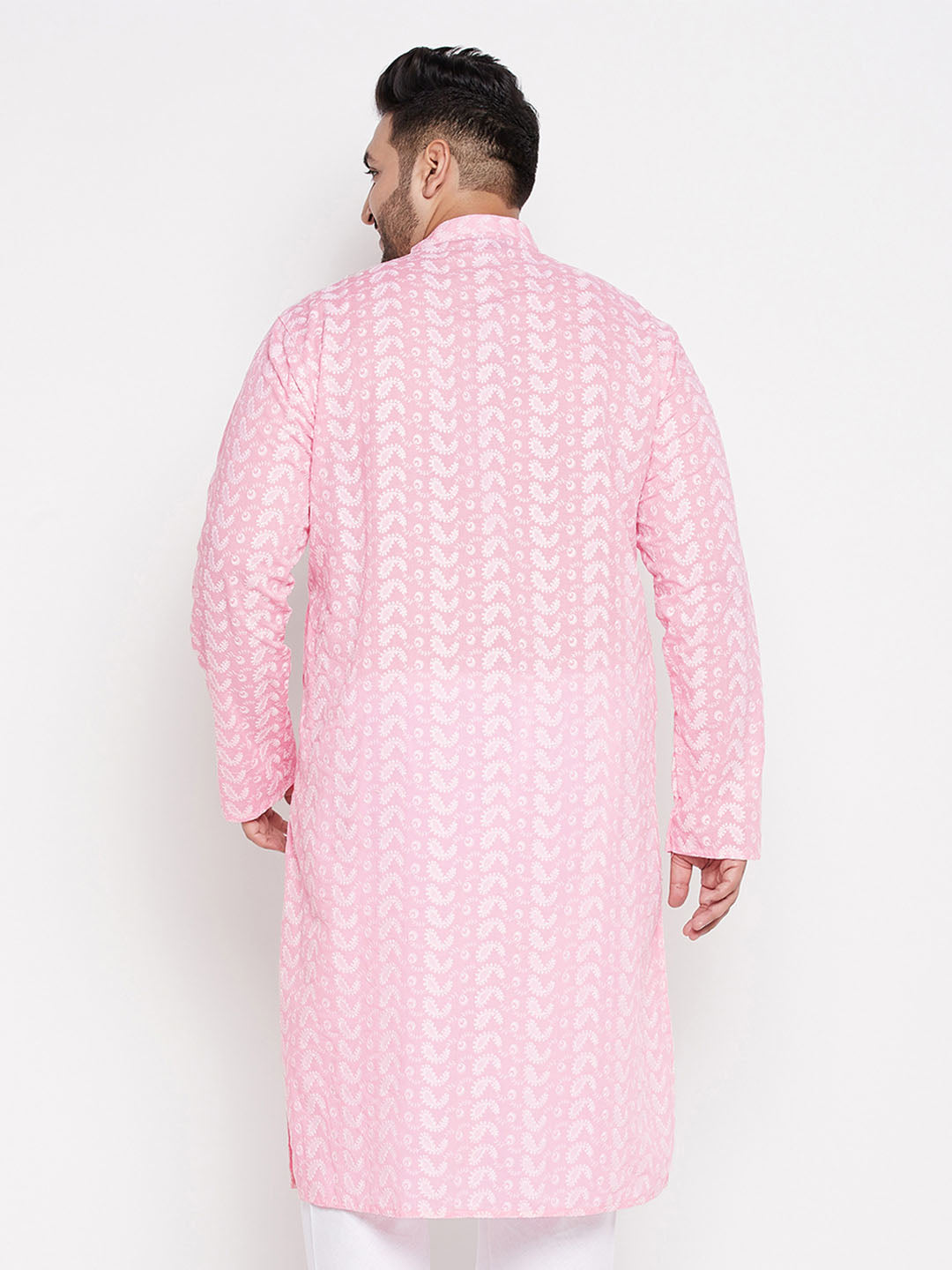 Vastramay mens plus size pink chikankari embroidered kurta