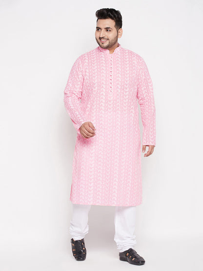 Vastramay mens plus size pink chikankari embroidered kurta