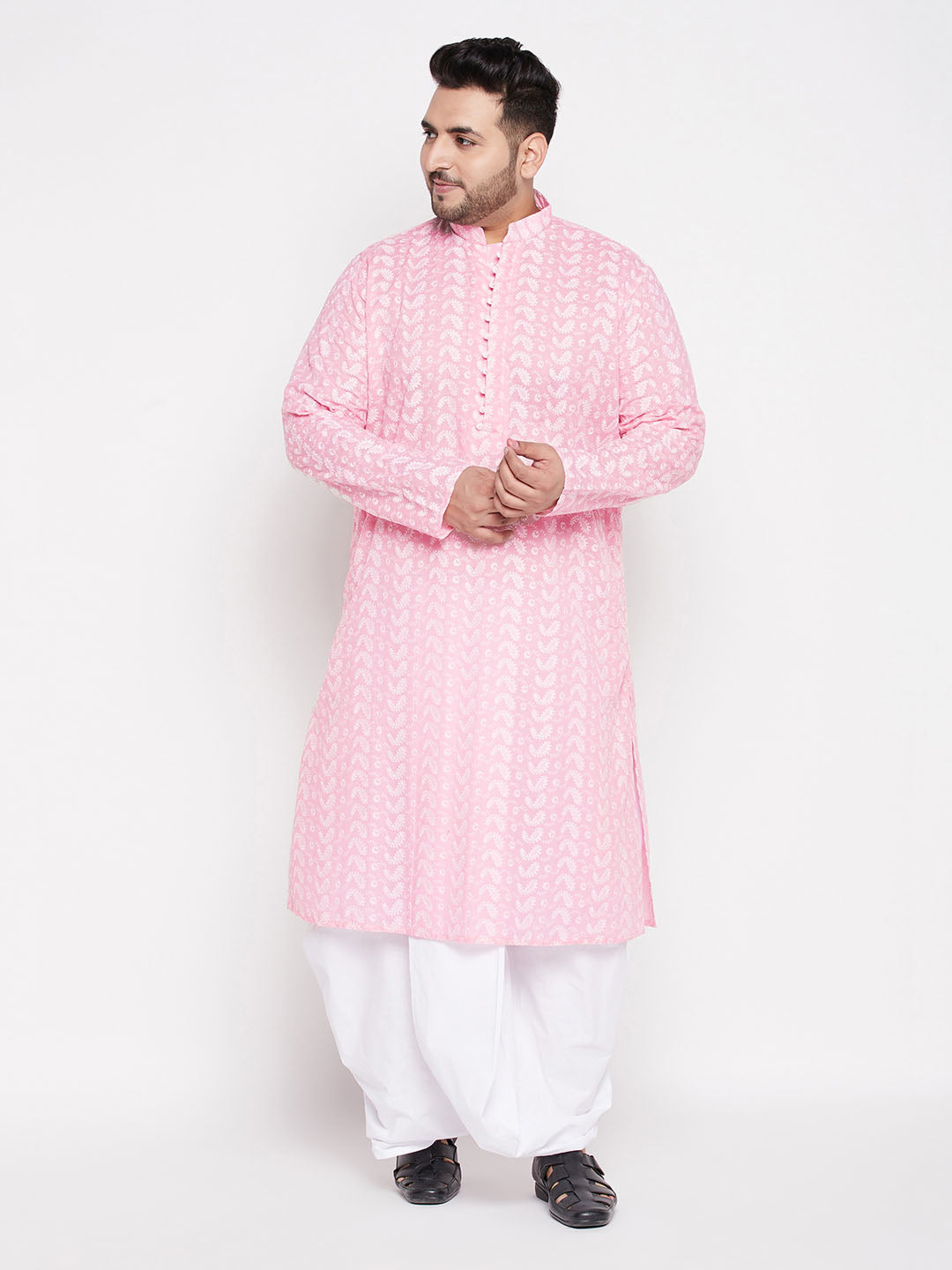 Vastramay mens plus size pink color chikankari embroidered kurta and white color dhoti set