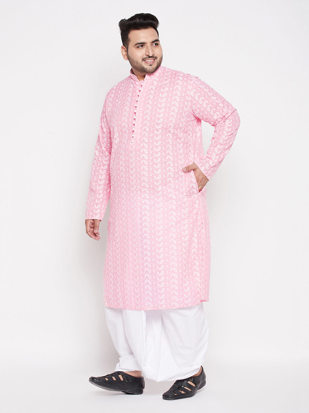 Vastramay mens plus size pink color chikankari embroidered kurta and white color dhoti set