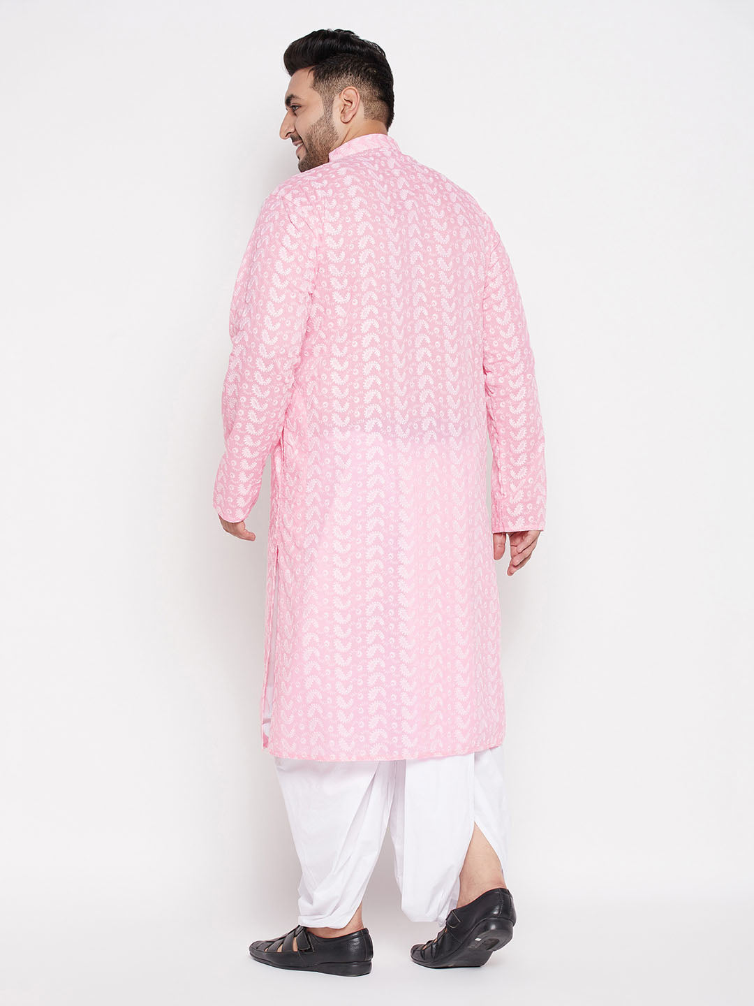 Vastramay mens plus size pink color chikankari embroidered kurta and white color dhoti set