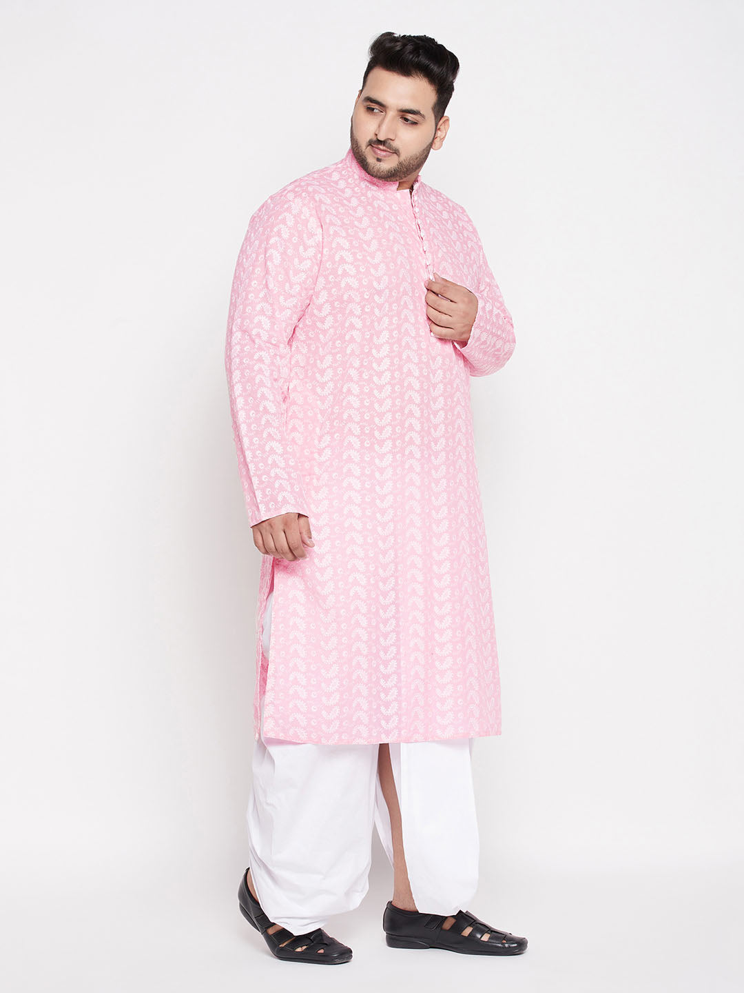 Vastramay mens plus size pink color chikankari embroidered kurta and white color dhoti set