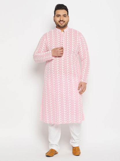 vastramay mens plus size pink chikankari embroidered kurta and white cotton pant style pyjama set