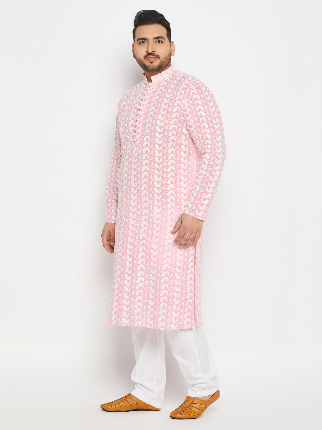 vastramay mens plus size pink chikankari embroidered kurta and white cotton pant style pyjama set