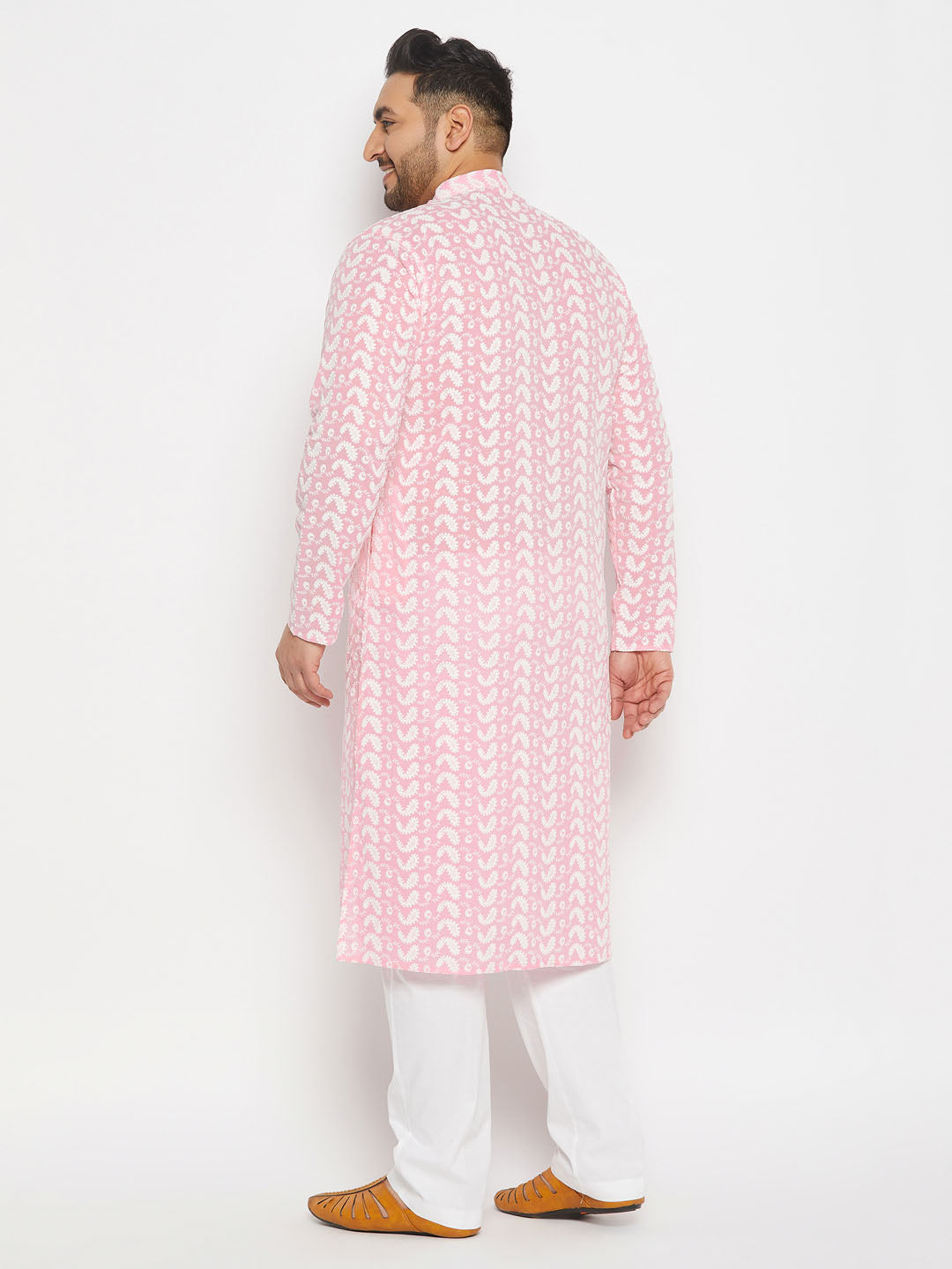 vastramay mens plus size pink chikankari embroidered kurta and white cotton pant style pyjama set