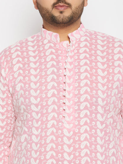 vastramay mens plus size pink chikankari embroidered kurta and white cotton pant style pyjama set