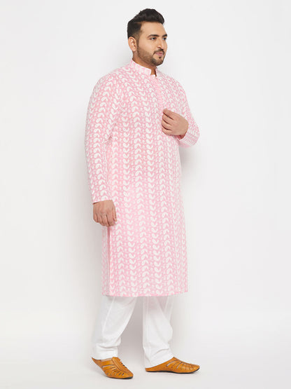 vastramay mens plus size pink chikankari embroidered kurta and white cotton pant style pyjama set