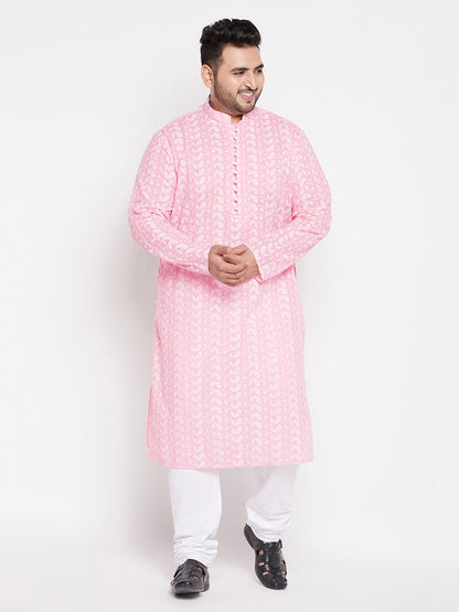 Vastramay mens plus size pink color chikankari embroidered kurta and white color pyjama set