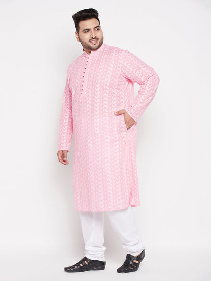 Vastramay mens plus size pink color chikankari embroidered kurta and white color pyjama set