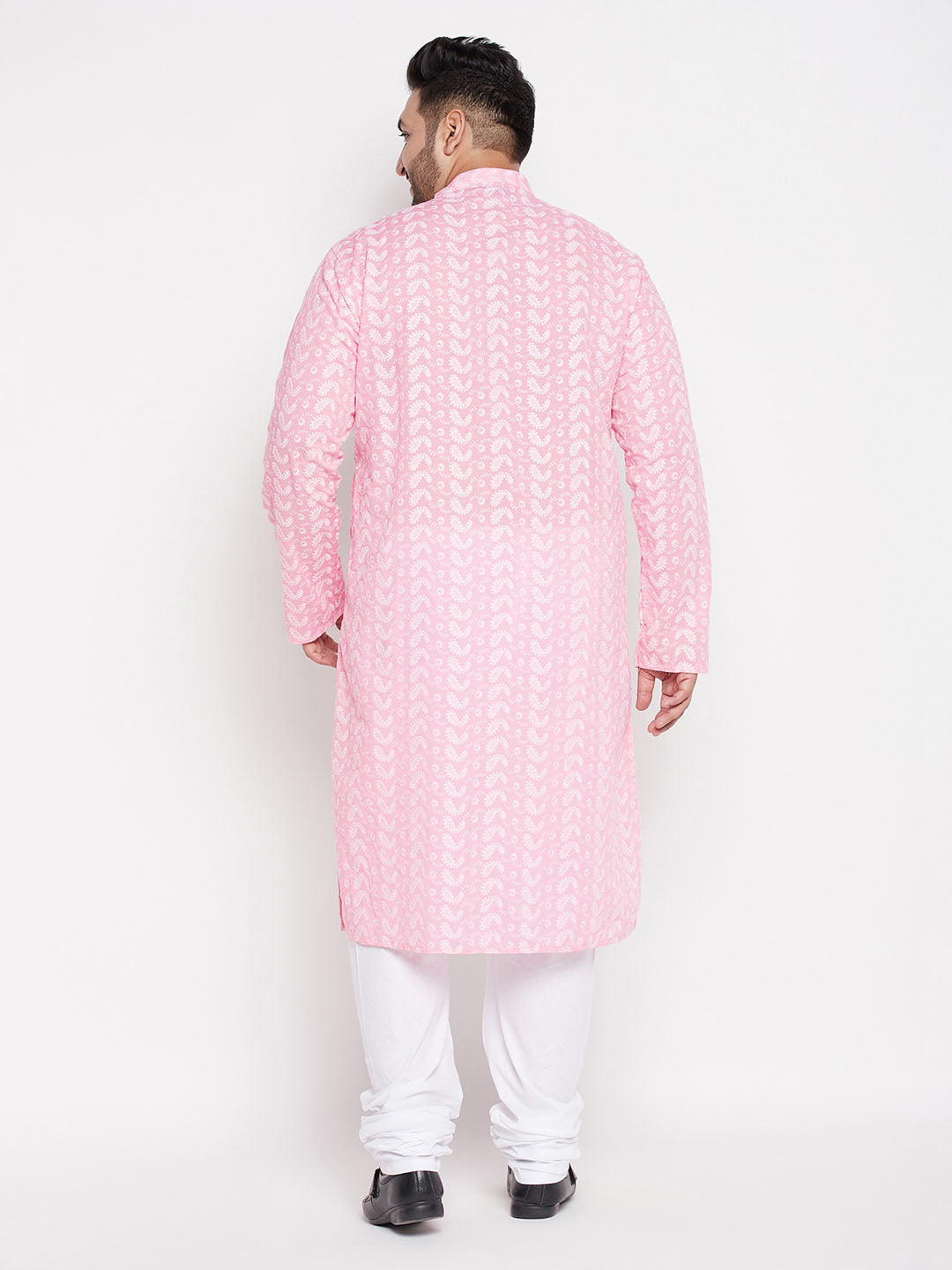 Vastramay mens plus size pink color chikankari embroidered kurta and white color pyjama set