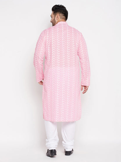 Vastramay mens plus size pink color chikankari embroidered kurta and white color pyjama set