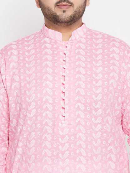 Vastramay mens plus size pink color chikankari embroidered kurta and white color pyjama set