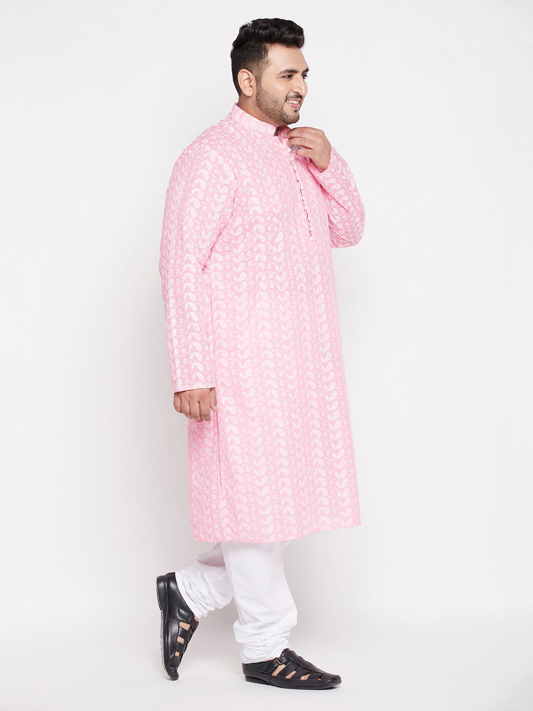 Vastramay mens plus size pink color chikankari embroidered kurta and white color pyjama set