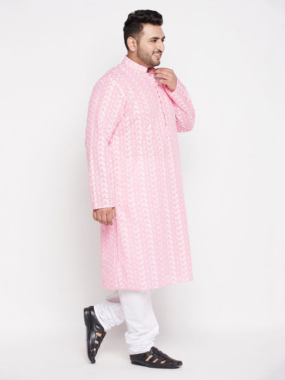Vastramay mens plus size pink color chikankari embroidered kurta and white color pyjama set