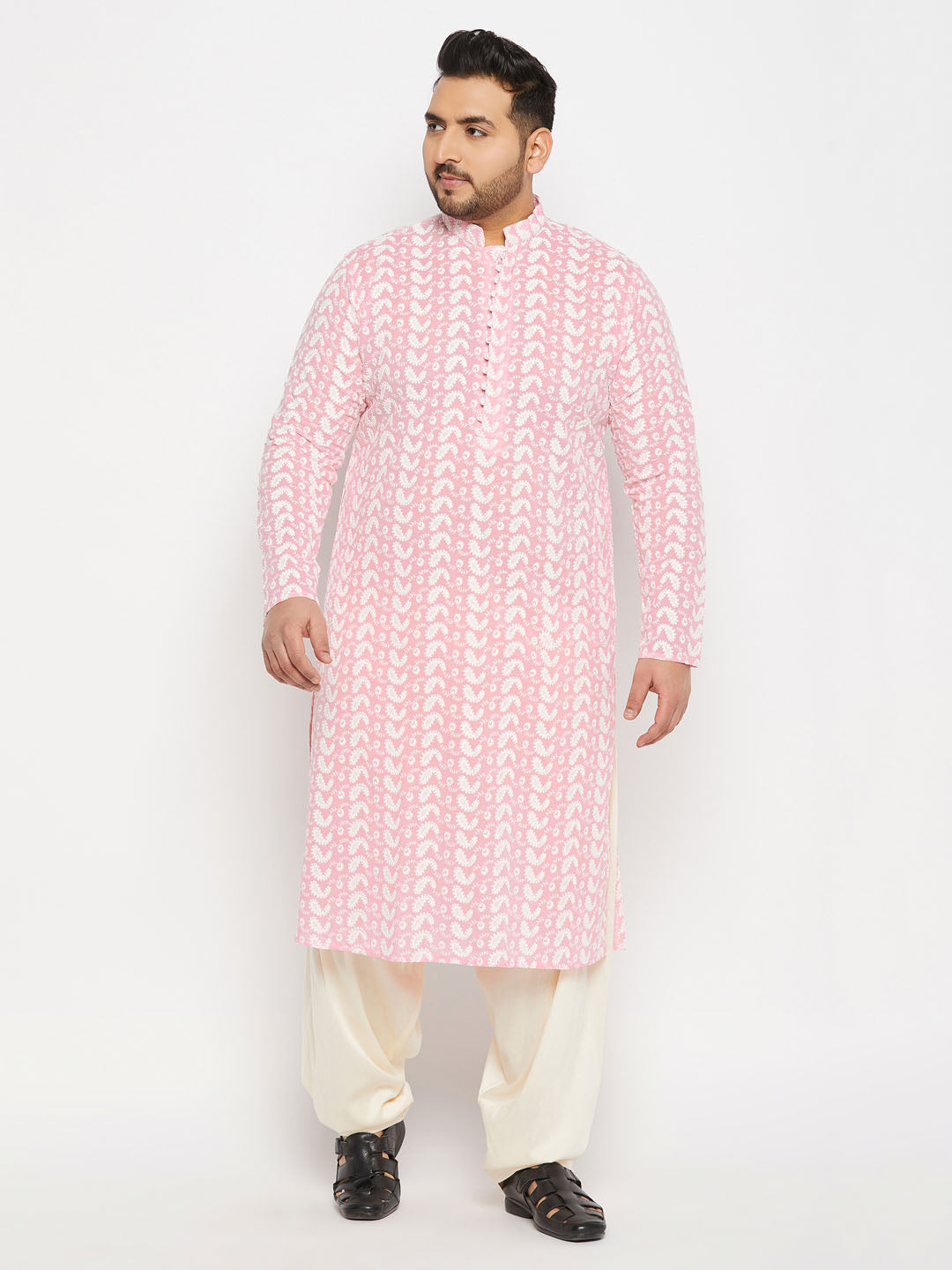 vastramay mens plus size pink chikankari embroidered kurta and cream patiala set