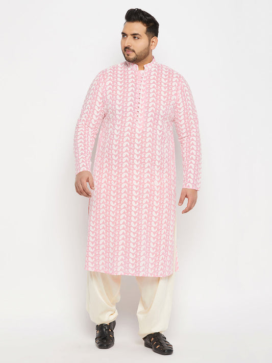 vastramay mens plus size pink chikankari embroidered kurta and cream patiala set