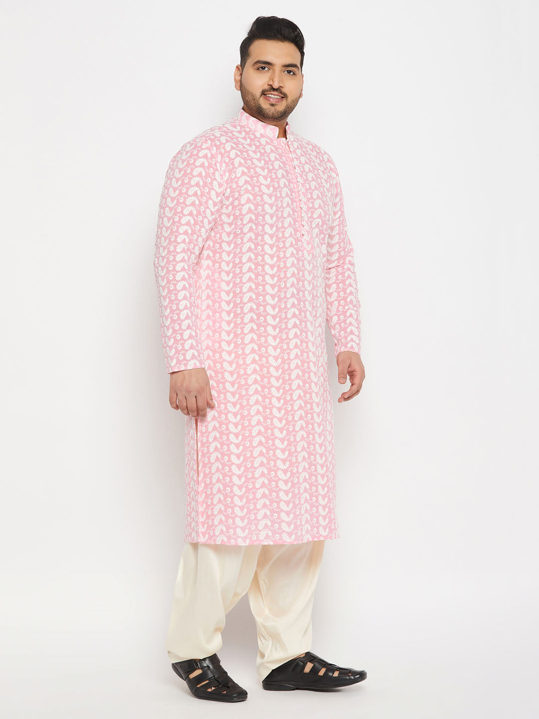 vastramay mens plus size pink chikankari embroidered kurta and cream patiala set