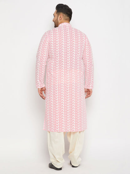 vastramay mens plus size pink chikankari embroidered kurta and cream patiala set