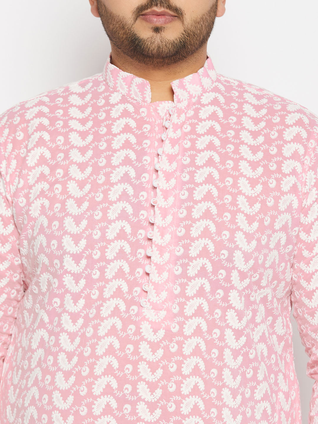 vastramay mens plus size pink chikankari embroidered kurta and cream patiala set