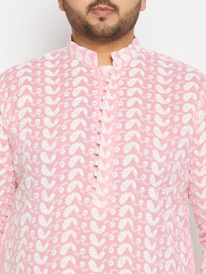 vastramay mens plus size pink chikankari embroidered kurta and cream patiala set