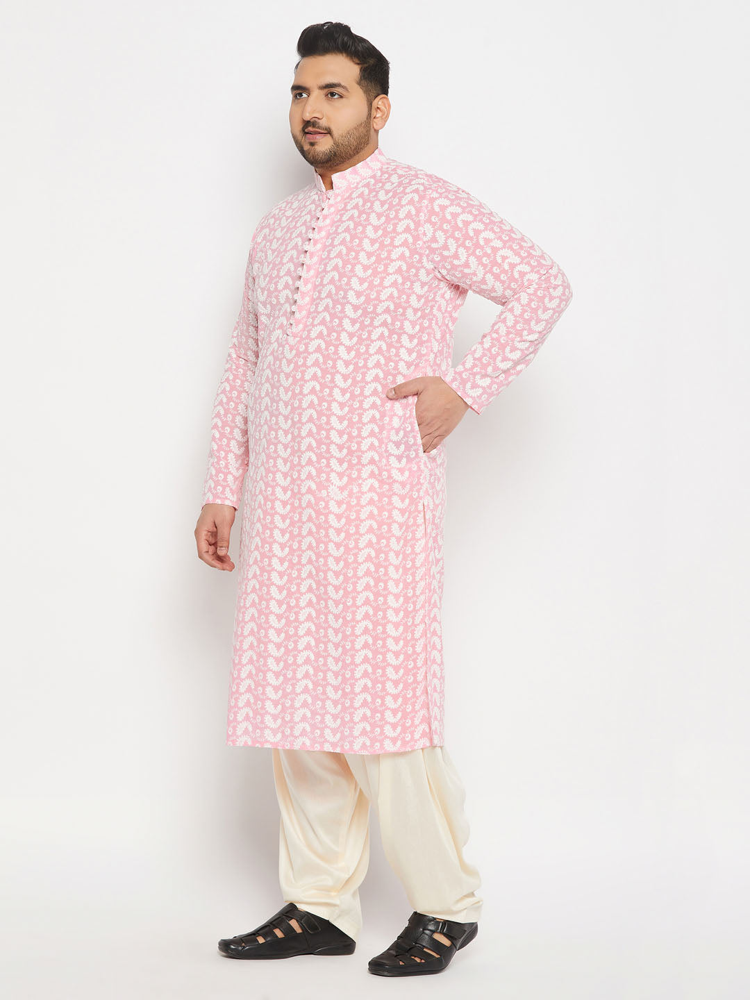 vastramay mens plus size pink chikankari embroidered kurta and cream patiala set