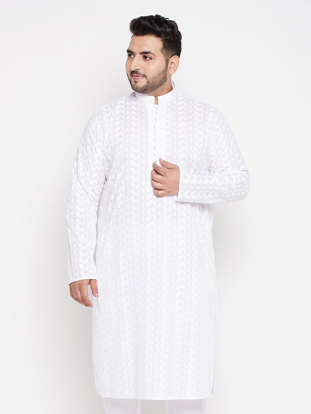 Vastramay mens plus size white chikankari embroidered kurta