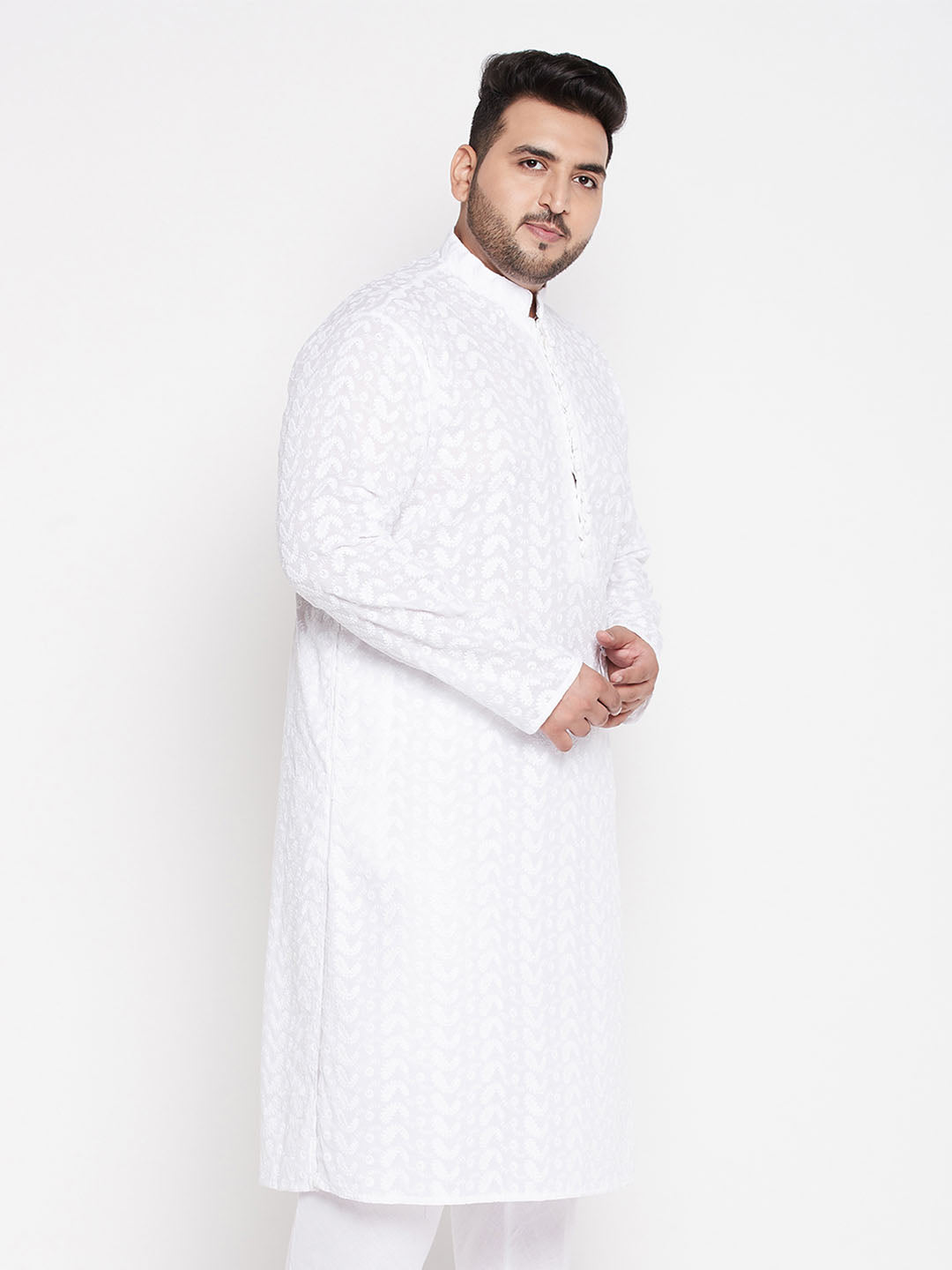 Vastramay mens plus size white chikankari embroidered kurta