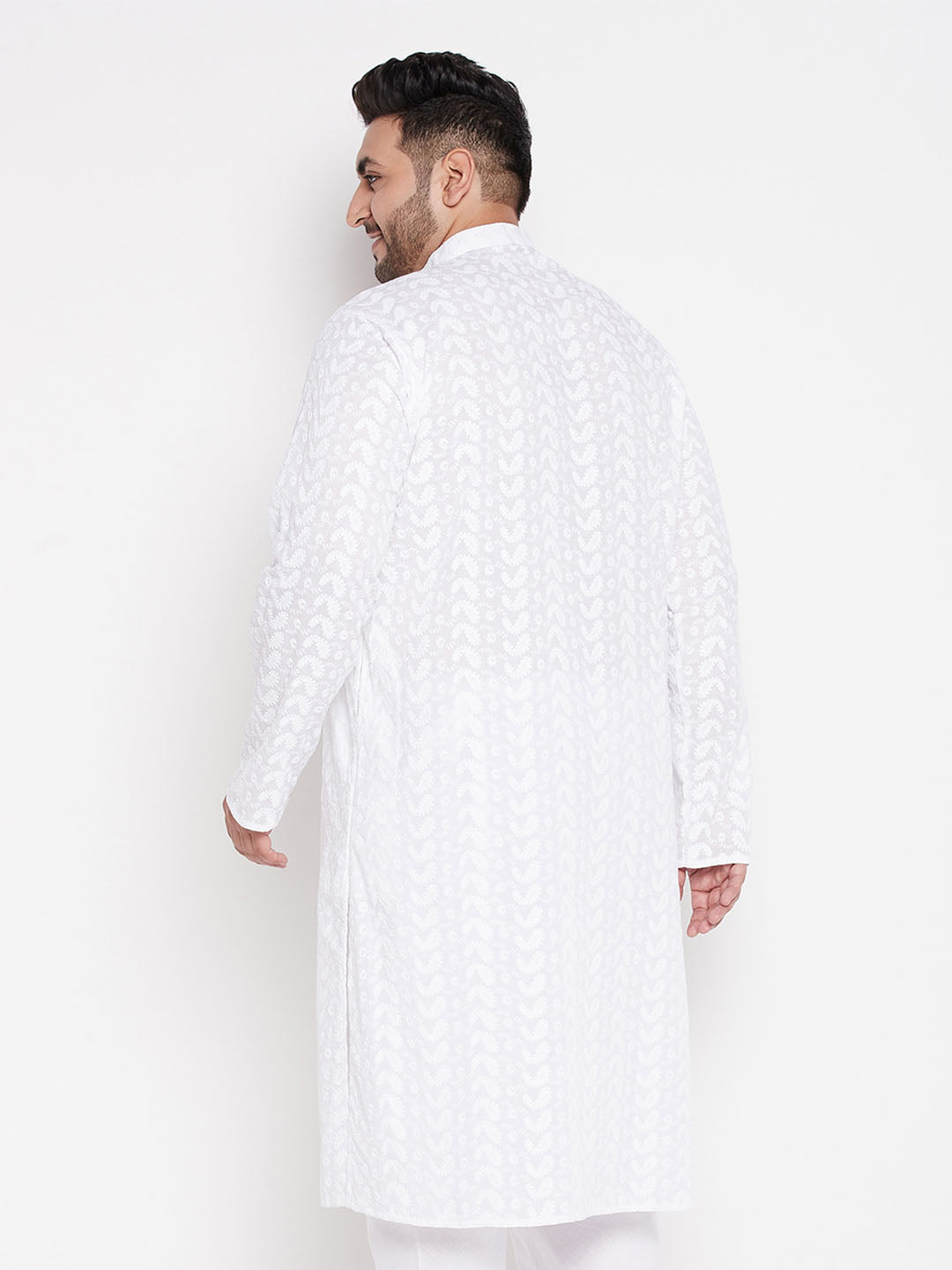 Vastramay mens plus size white chikankari embroidered kurta