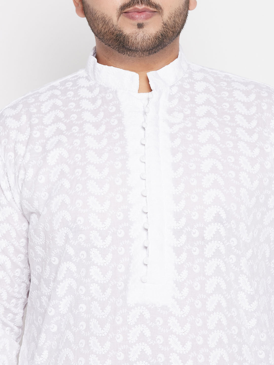 Vastramay mens plus size white chikankari embroidered kurta