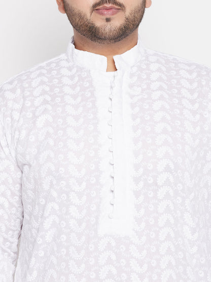 Vastramay mens plus size white chikankari embroidered kurta