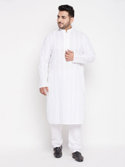 Vastramay mens plus size white chikankari embroidered kurta