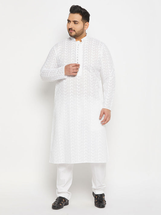 vastramay mens plus size white chikankari embroidered kurta and white cotton pant style pyjama set