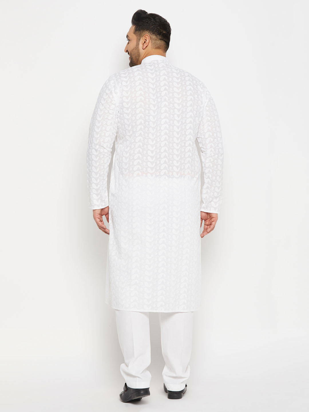 vastramay mens plus size white chikankari embroidered kurta and white cotton pant style pyjama set