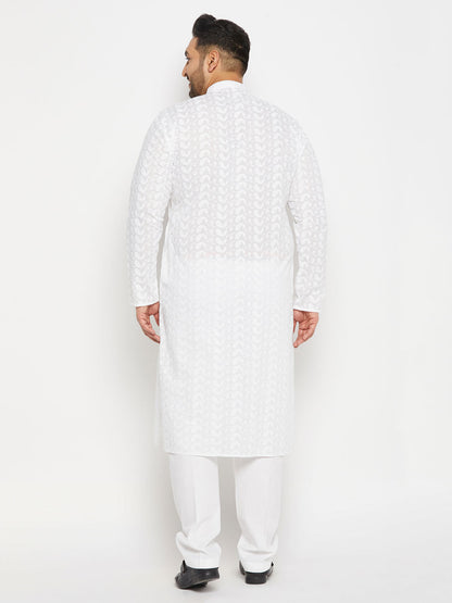 vastramay mens plus size white chikankari embroidered kurta and white cotton pant style pyjama set