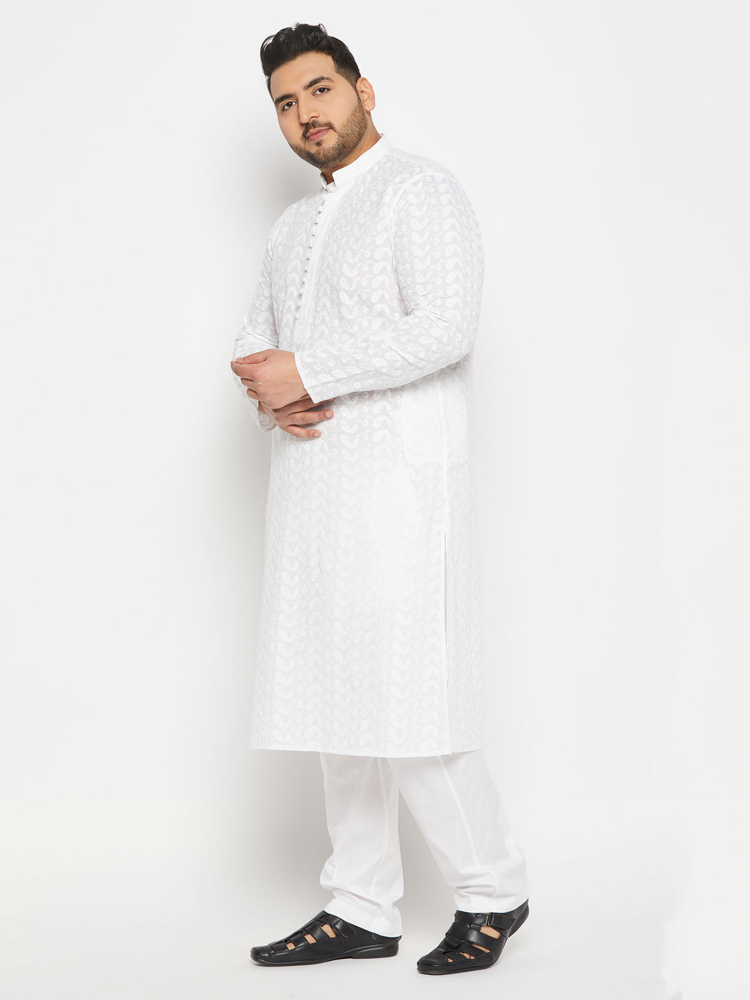 vastramay mens plus size white chikankari embroidered kurta and white cotton pant style pyjama set