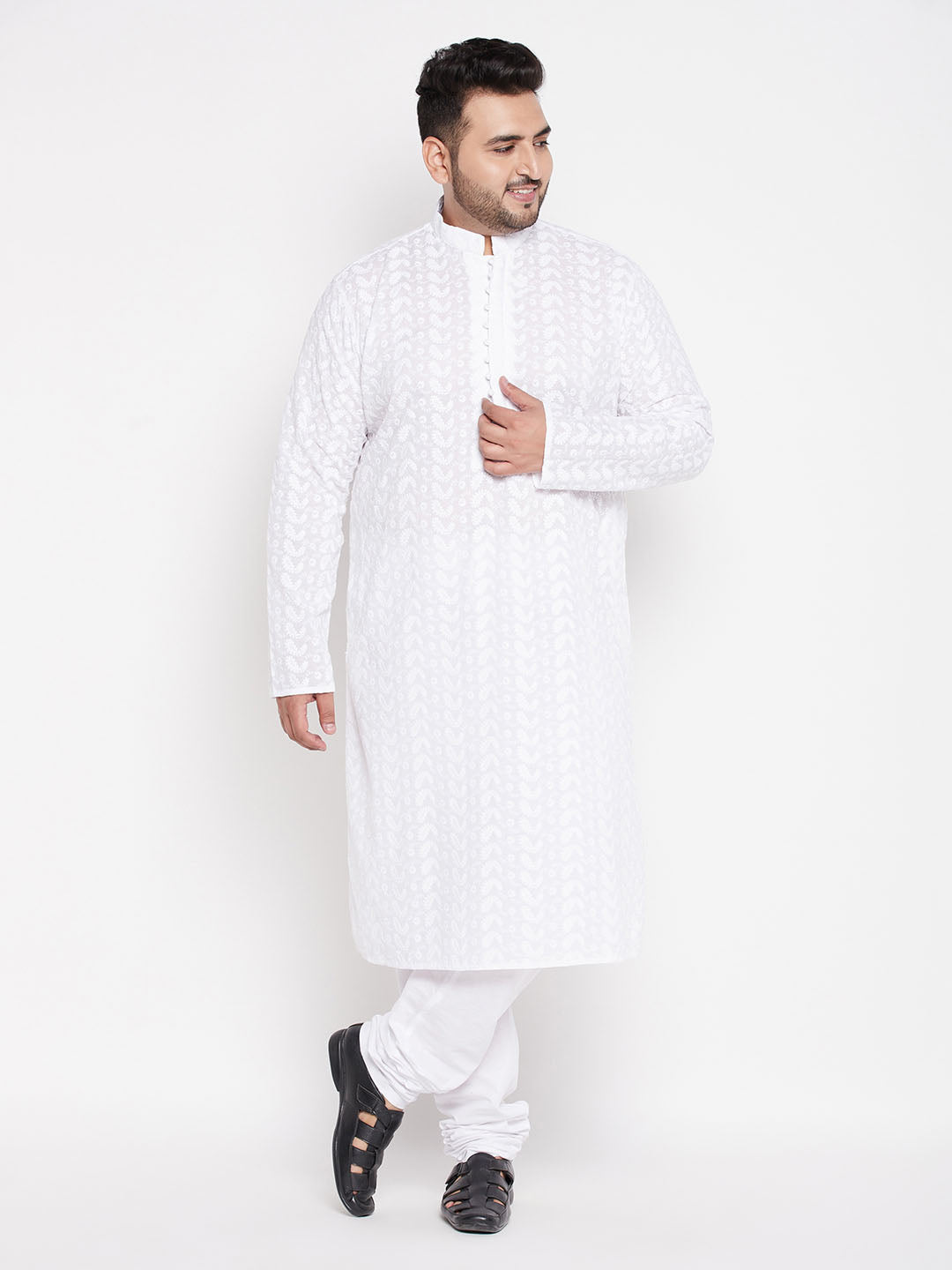 Vastramay mens plus size white chikankari embroidered kurta and white pyjama set