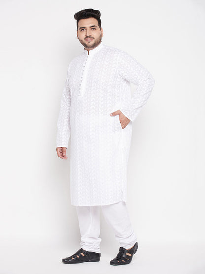 Vastramay mens plus size white chikankari embroidered kurta and white pyjama set