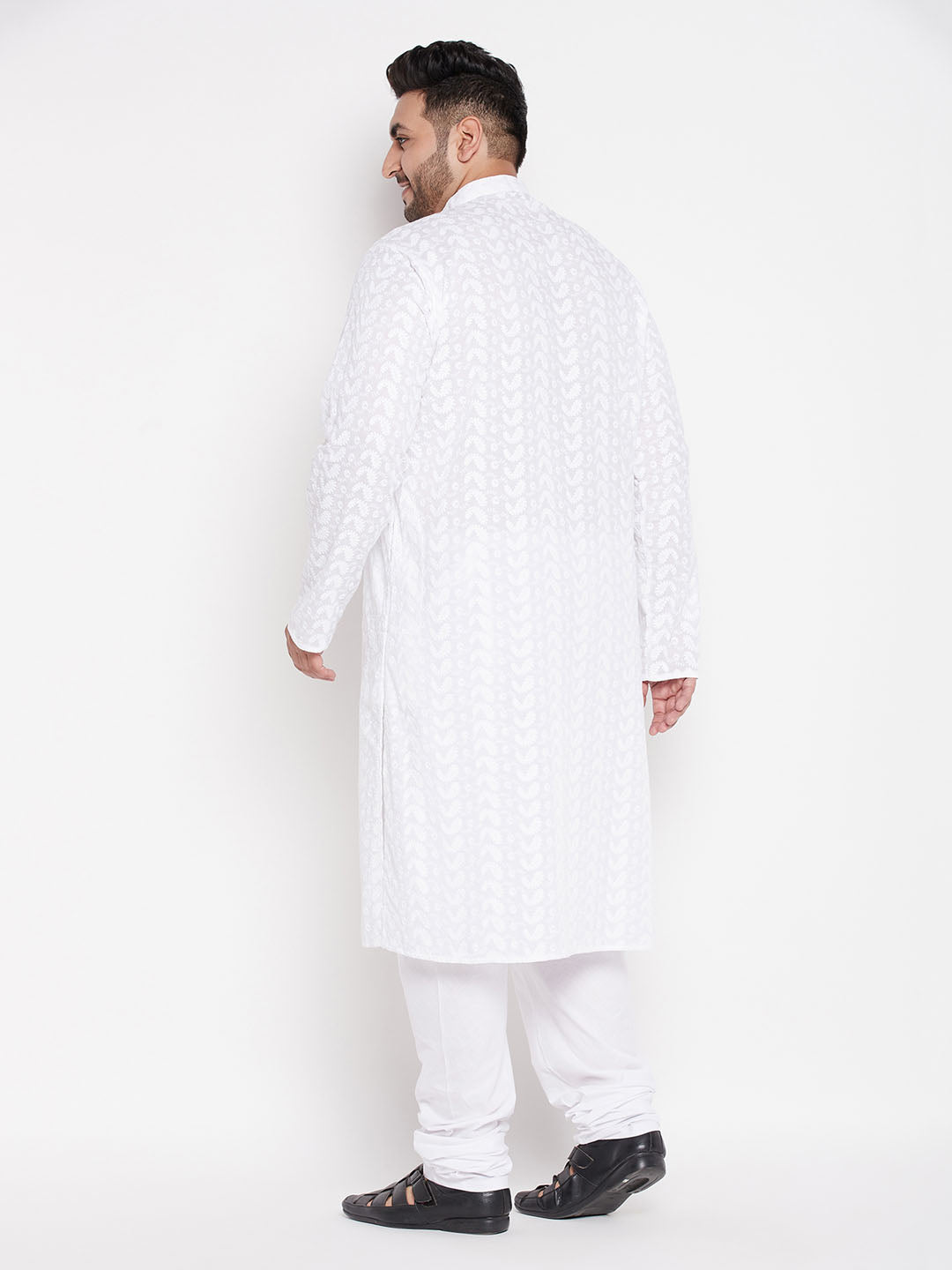 Vastramay mens plus size white chikankari embroidered kurta and white pyjama set