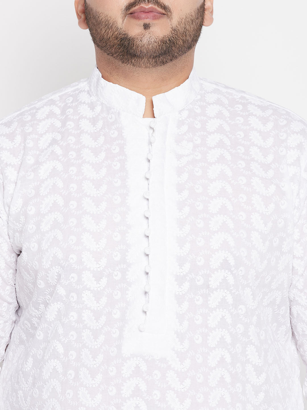 Vastramay mens plus size white chikankari embroidered kurta and white pyjama set