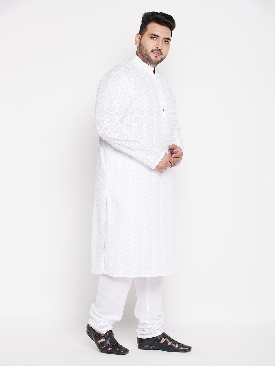 Vastramay mens plus size white chikankari embroidered kurta and white pyjama set